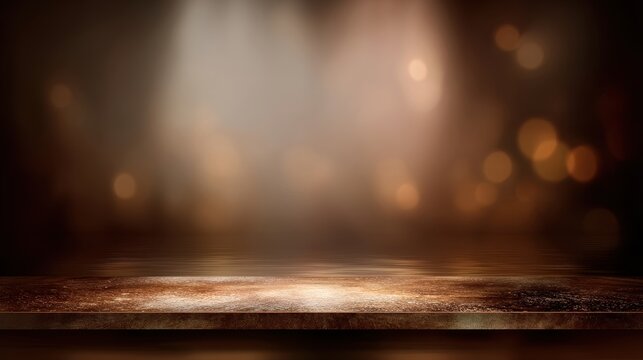 A dimly lit stage with sparkling bokeh lights and a reflective surface, an elegant atmosphere for performances or presentations, blurred brown background