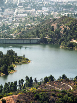 Hollywood Reservoir as seen from the Wonder View Trailhead leading up to Wisdom Tree on Cahuenga Peak during a summer season in Los Angeles, California, USA