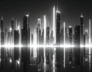 Futuristic urban skyline with neon lighting and reflective surface