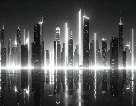 Futuristic urban skyline with neon lighting and reflective surface - Powered by Adobe