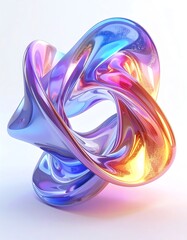 A vibrant, abstract sculpture rendered with a smooth, reflective surface. The form appears intertwined, shifting from purple to orange and yellow hues