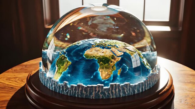 Flat Earth theory model with an ice wall and protective dome, displayed as a desk ornament on a wooden table in a natural light setting.