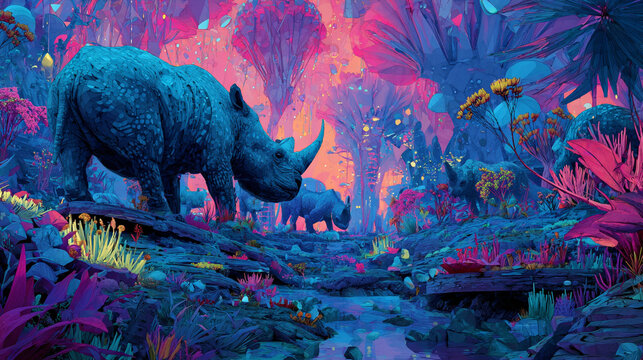 Two rhinoceroses in a vibrant, surreal, and colorful fantasy forest