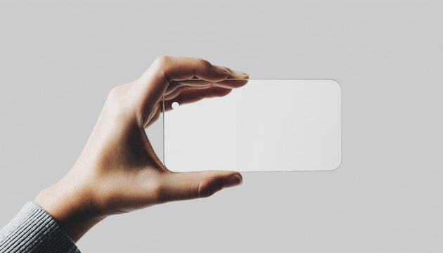 Hand holding a clear plastic card, blank business or ID card, modern design, transparent card mockup, isolated on white background, close-up concept image