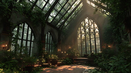 Post-apocalyptic greenhouse built inside a ruined skyscraper, vines and fog, warm golden backlight, high-detail concept art.