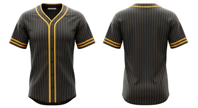 A 3d rendering of a blank black baseball jersey with yellow pinstripes from front and back
