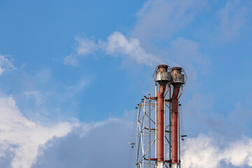 oil refinery petrochemical plant oil gas and energy production with flare stack smoke pollution emission, chemical and polymer production engineering technology for climate change control efficiency