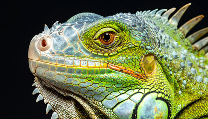 Fototapeta premium Vibrant Close-Up of a Green Iguana's Scaly Skin and Intense Eye