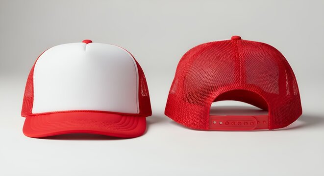 Front and back views of a blank red and white mesh snapback trucker hat for branding design
