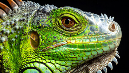 Obraz premium Green Iguana Close-Up Detailed Portrait of a Tropical Reptile with Vibrant Scales
