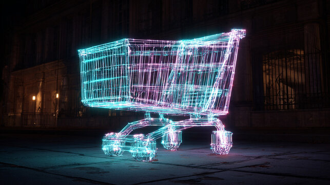 Holographic shopping cart glowing with neon lights at night