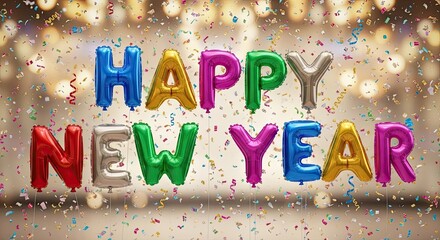 Happy New Year Celebration with Balloons and Confetti