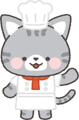 片手を横に出して笑顔で案内するサバトラネコのシェフ