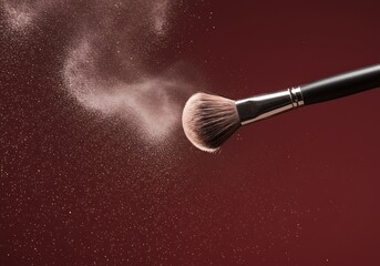 Makeup brush with pink powder cloud against burgundy background