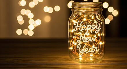 Happy New Year Jar with Warm Golden Lights Festive Decoration