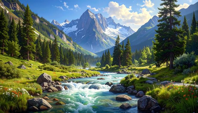 A scenic vista showcasing a vibrant valley, crystal-clear river, lush greenery, and snow-capped mountains under a bright blue sky