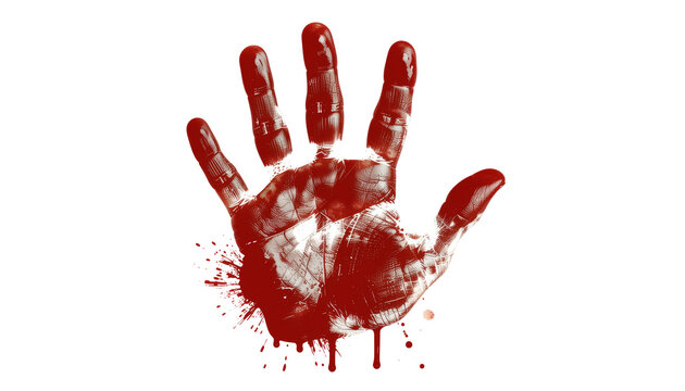 Bloody handprint_Horror image, transparent PNG cutout, creepy hand palm, red blood stain, frightening and suspenseful horror element for Halloween and dark designs