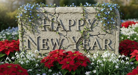 Happy New Year Stone In Garden Surrounded By Flowers