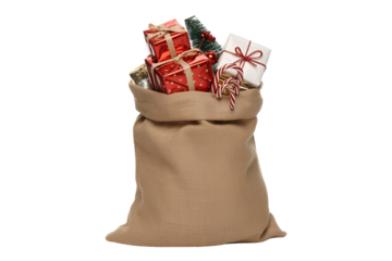 Festive Santa Sack Filled with Holiday Gifts Isolated on Transparent Background