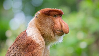 Naklejka premium Portrait of a Proboscis Monkey with a Large Nose in the Wild