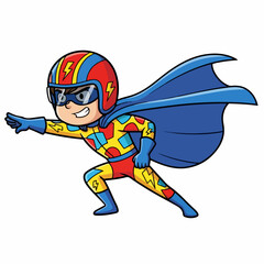 Cute Cartoon Superhero Boy in Action Pose with Blue Cape and Lightning Bolt Motif