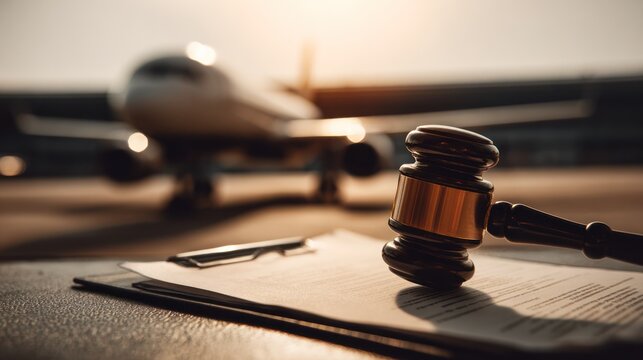 A gavel rests on paperwork, with a blurred airplane in the background, implying aviation law