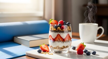 Healthy breakfast parfait with berries, granola, and coffee beside yoga mat