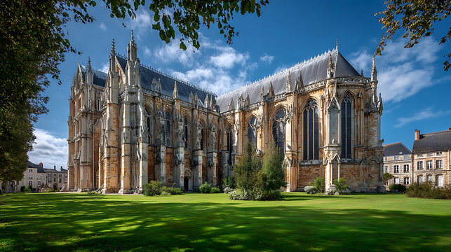 Grand Gothic Cathedral Exterior With Lush Green Lawn And Blue Sky architecture stone