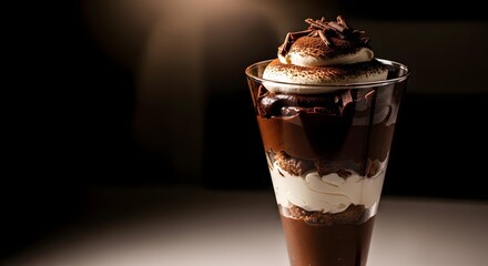 Dark chocolate parfait in the dark background with soft vignette