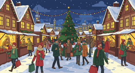 Christmas market with people shopping, lights and stalls glowing, vector art