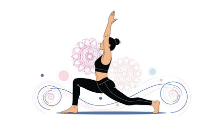 A woman in a yoga pose with her arms raised in a crescent lunge with floral and circular patterns in the background.