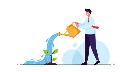 A person carefully watering a small plant to help it grow into a big tree.
