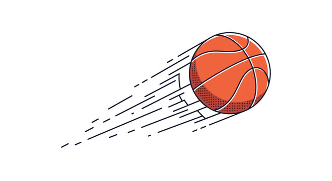 A basketball in mid air with motion lines indicating its fast movement across a white background.