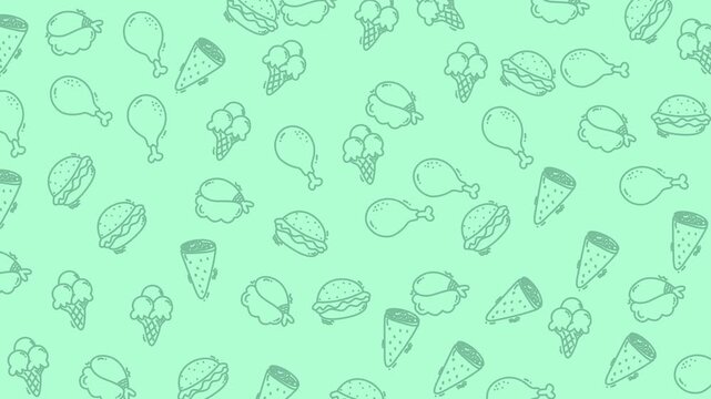 Fun seamless looping pattern with burgers, fries, chicken, and ice cream on mint green background. Perfect for snack or cafe themes.