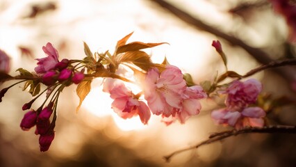 Delicate Pink Cherry Blossoms Illuminated by Golden Sunset Light pink flowers spring