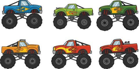 Monster trucks, colorful vehicles, flame decals, oversized tires, lifted suspension, kids toy, racing, off-road, vibrant design, fun, adventure, speed, power, automotive, collection, playful, © Hello World