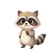 Cute Cartoon Raccoon Character Holding an Acorn in its Paw with a Striped Tail and Big Eyes Isolated on a Transparent Background Digital Art
