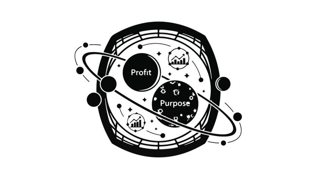 Abstract representation of business goals, profit, and purpose orbiting a central core.