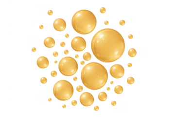 Golden oil drops spheres falling transparent background