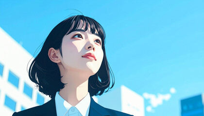 スーツを着て青空を見上げる若い女性のイラスト（生成AI ）