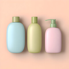 Pastel cosmetic pump bottles on soft peach background
