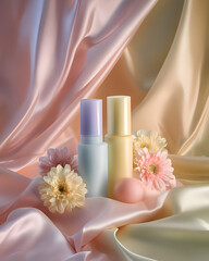 Luxurious perfume bottles on soft silk fabric
