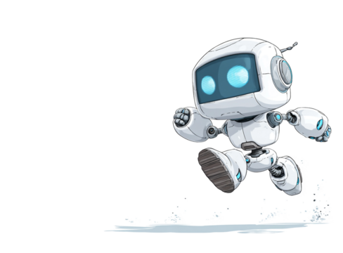 Cute friendly robot with glowing blue eyes jumping
