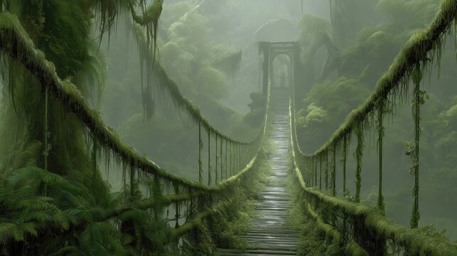 Fototapeta Overgrown Rope Bridge in a Misty Ancient Jungle Landscape Pathway