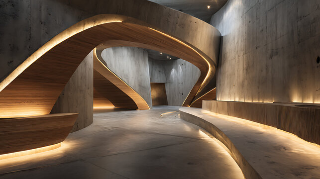 Modern architectural space with curved wooden elements and concrete walls interior