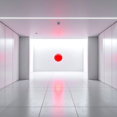 Modern, minimalist interior features a bright, open hallway. A glowing red sphere floats in the center, casting reflections
