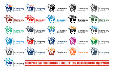 Shopping Cart Letter Logo Collection, Construction Tools Vector Template