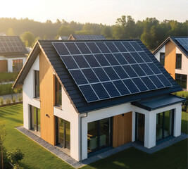 close-up of new suburban house with a photovotaik sytem of the roof. modern eco friendly passive house with solar panels on the gable roof, with sunlight in the morning