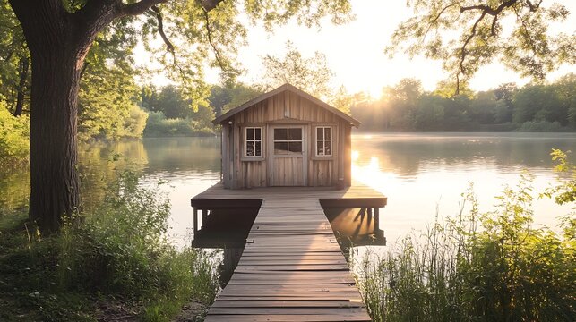 Charming boathouse on a tranquil lake, bathed in the warm glow of sunrise