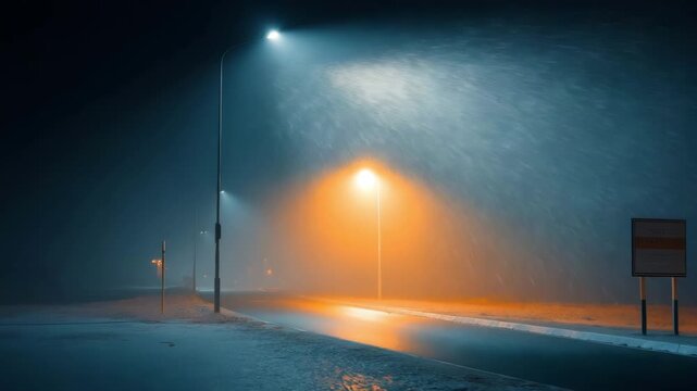 The scene begins with the camera orbiting a signboard and lamppost on a nighttime road while particles float.